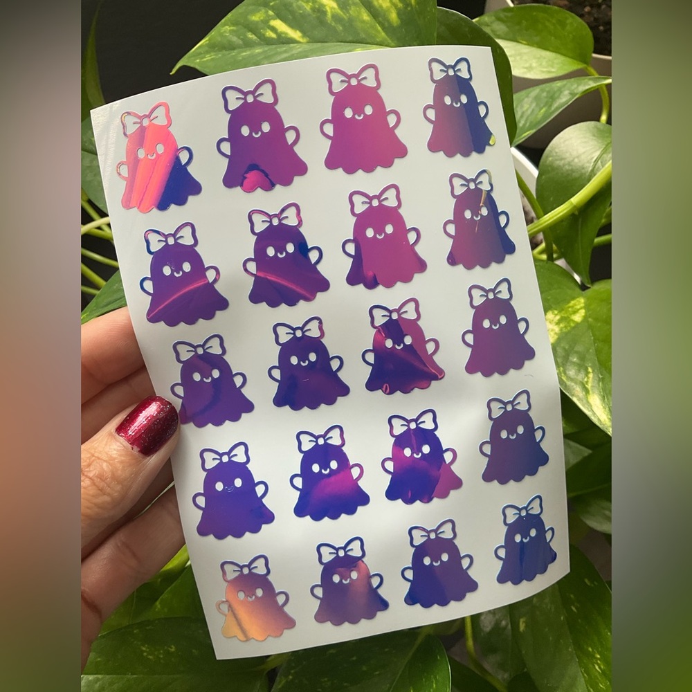 Cute Holographic Coquette Bow Ghost Vinyl Decal Stickers - 1 Inch - 20 Pack